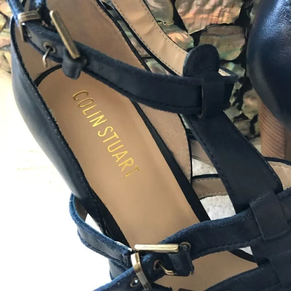 Colin Stuart navy strappy leather heel sz 10